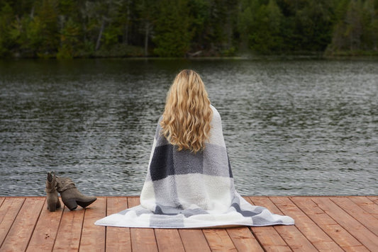 50" X 60" Gray And Ivory Faux Sherpa Plaid Throw Blanket