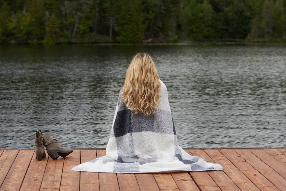 50" X 60" Gray And Ivory Faux Sherpa Plaid Throw Blanket