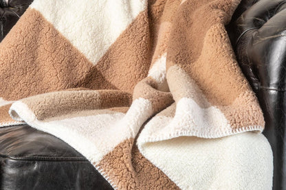 50" X 60" Ivory And Taupe Faux Sherpa Plaid Throw Blanket