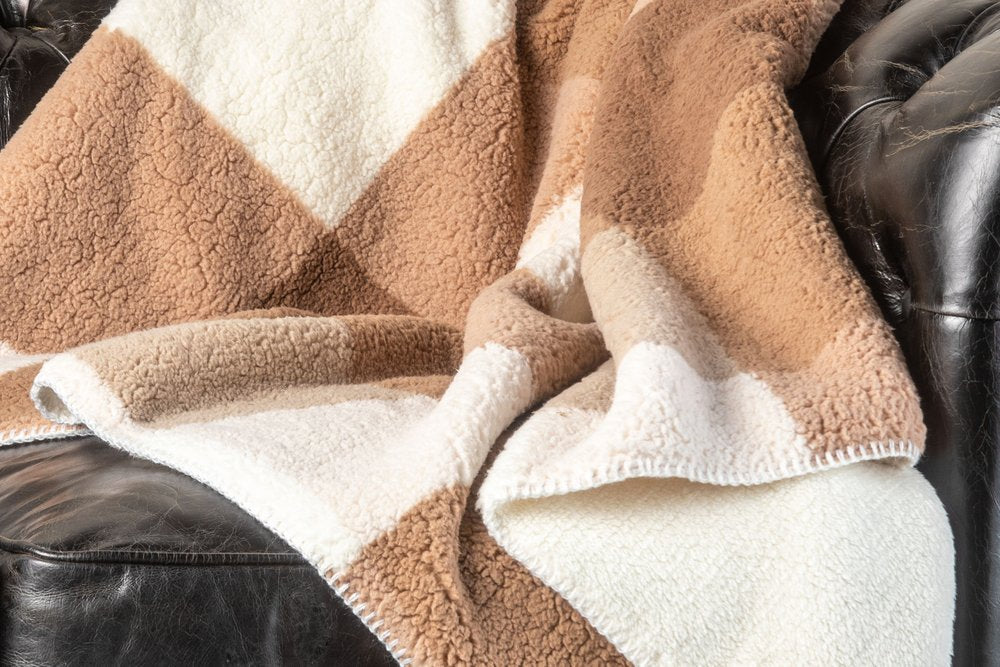 50" X 60" Ivory And Taupe Faux Sherpa Plaid Throw Blanket