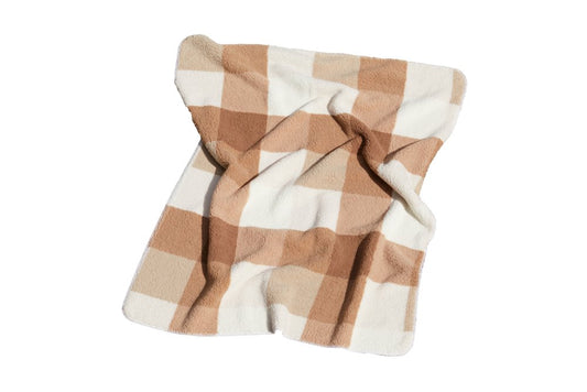 50" X 60" Ivory And Taupe Faux Sherpa Plaid Throw Blanket