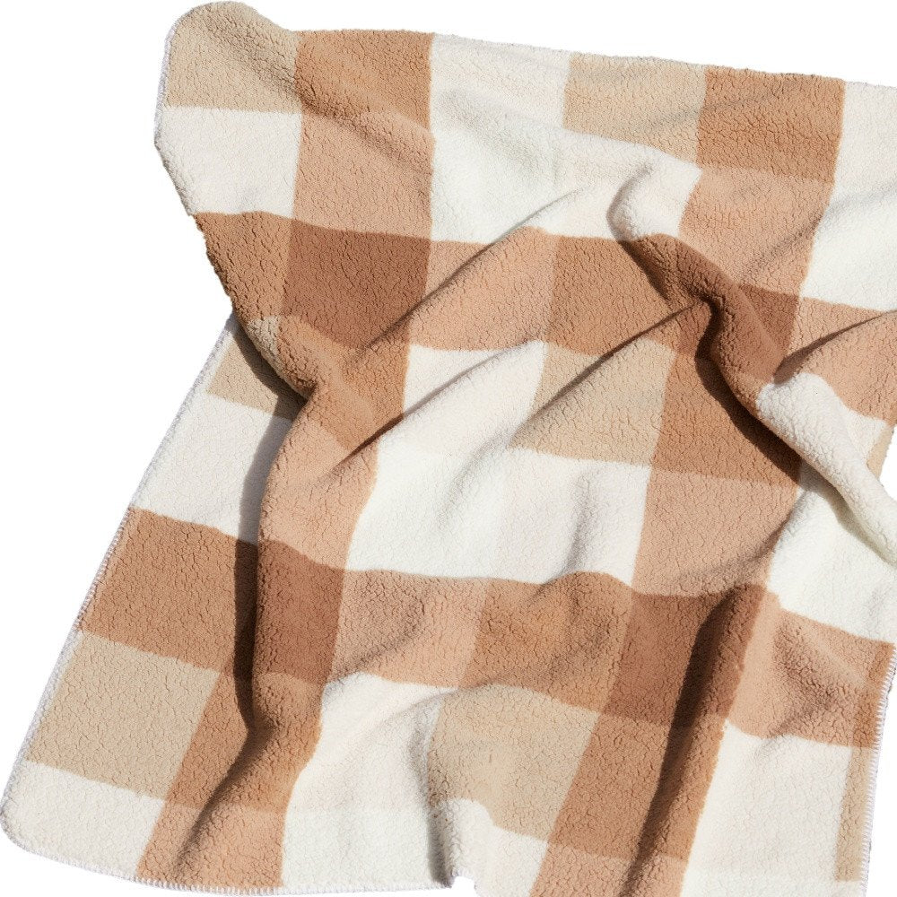 50" X 60" Ivory And Taupe Faux Sherpa Plaid Throw Blanket
