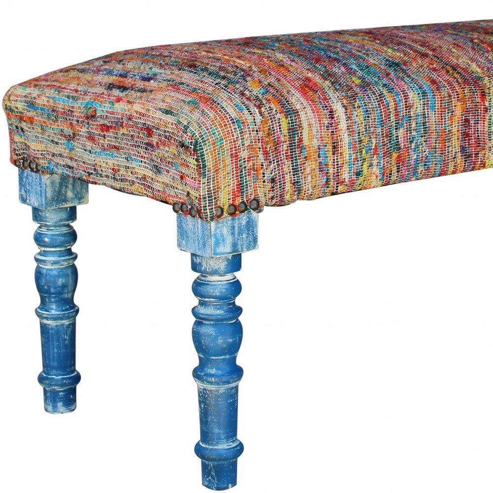 47" Blue and Orange Fabric And Viscose and Solid Wood Upholstered Distressed Bench