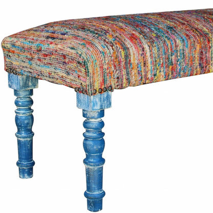 47" Blue and Orange Fabric And Viscose and Solid Wood Upholstered Distressed Bench