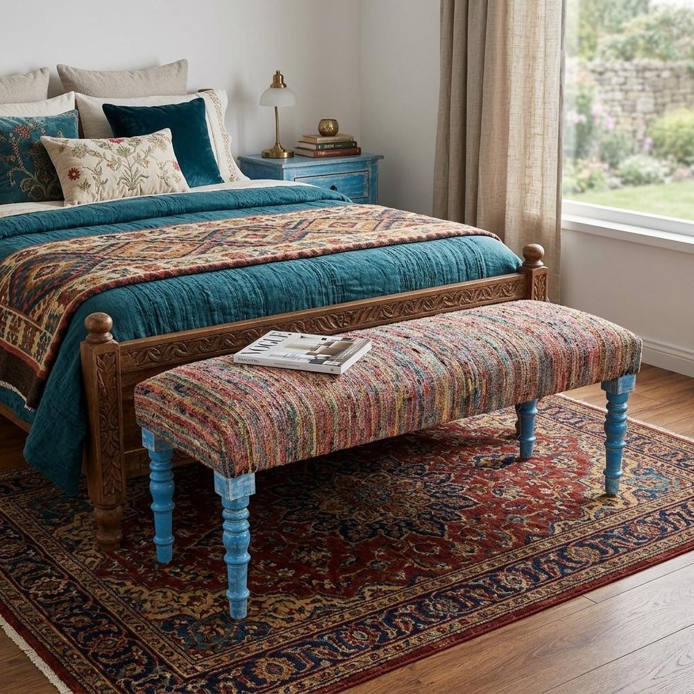 47" Blue and Orange Fabric And Viscose and Solid Wood Upholstered Distressed Bench