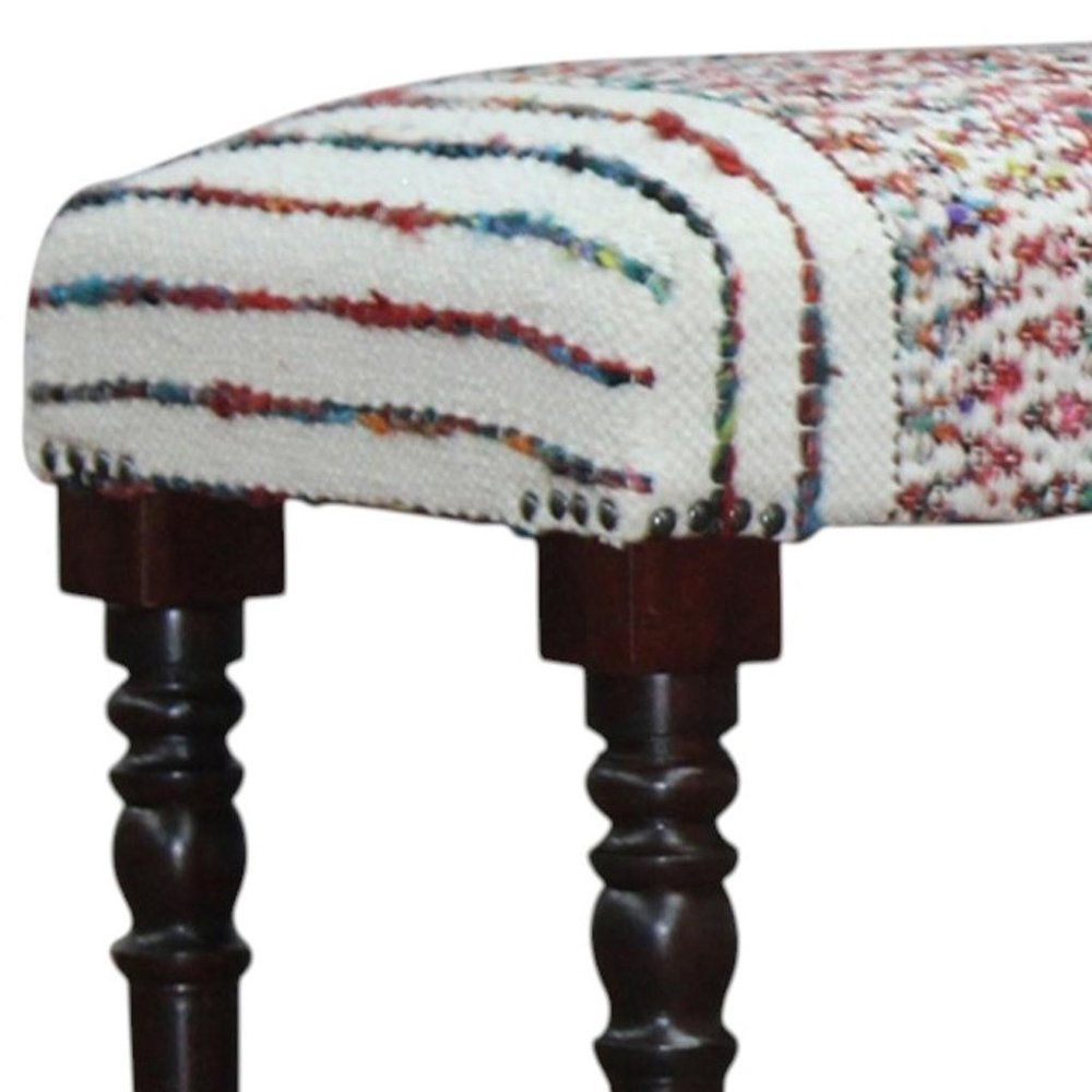 47" Ivory Red and Pink Black Leg Chevron Stripe Upholstered Bench