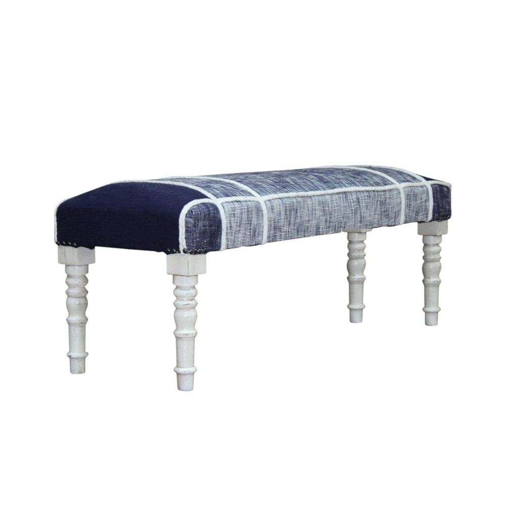 47" Blue And Gray Textural White Leg Upholstered Bench