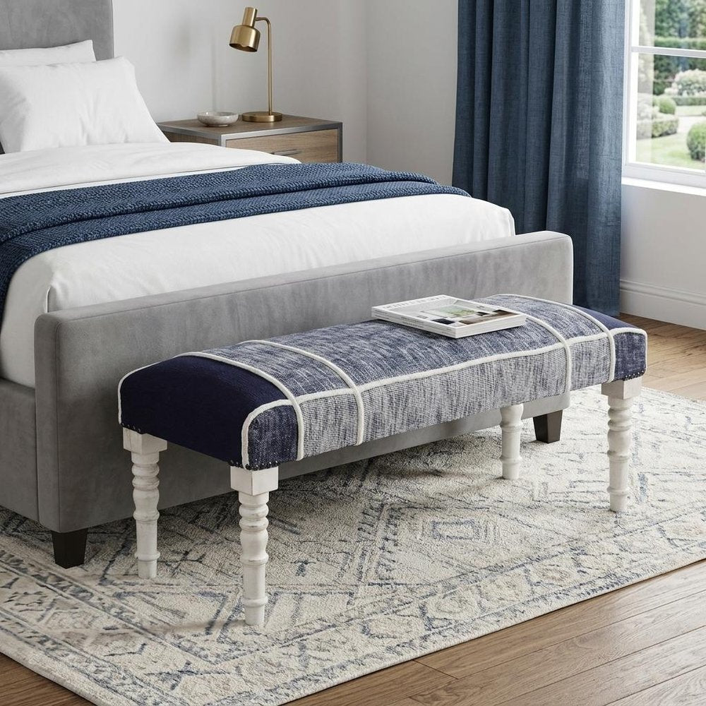 47" Blue And Gray Textural White Leg Upholstered Bench