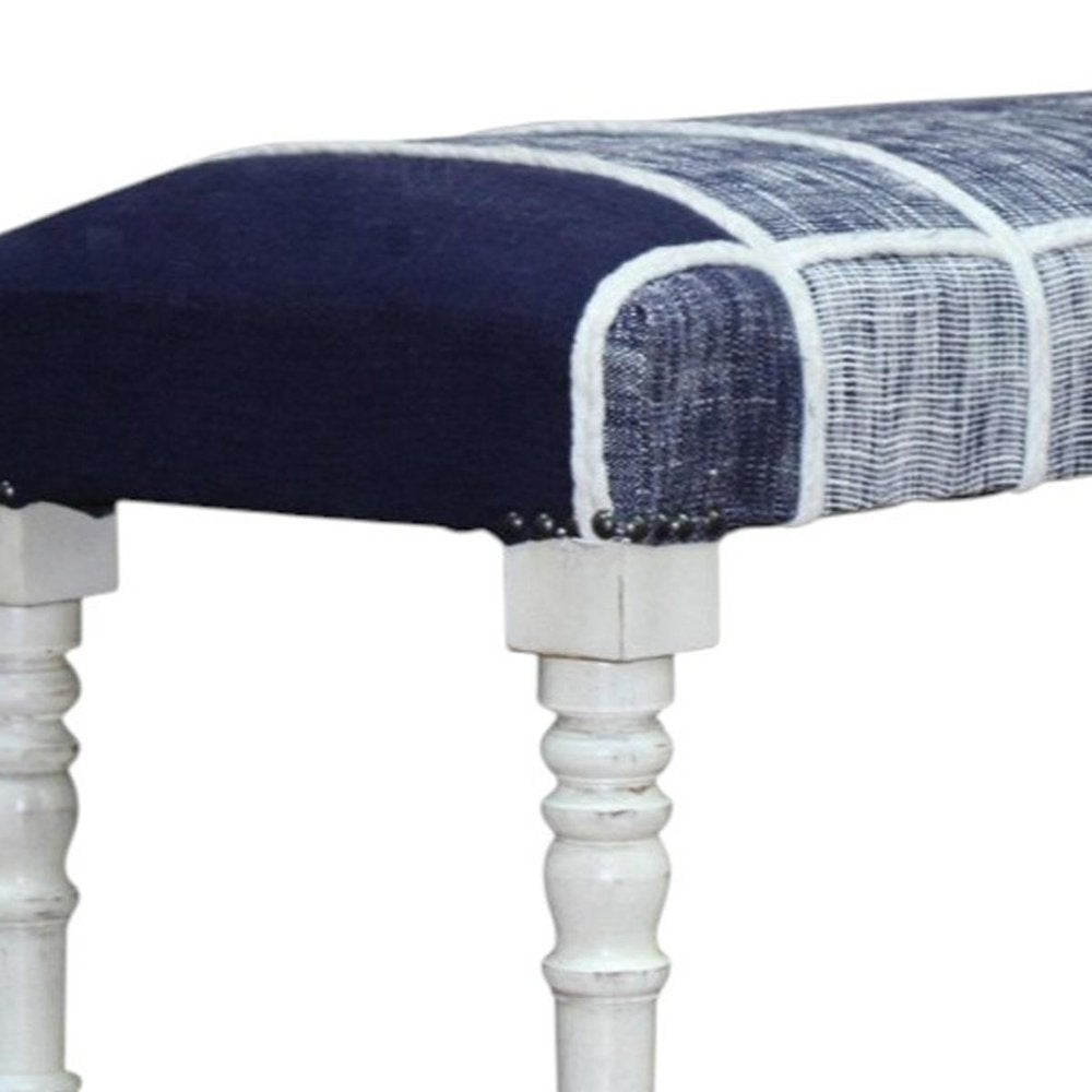 47" Blue And Gray Textural White Leg Upholstered Bench