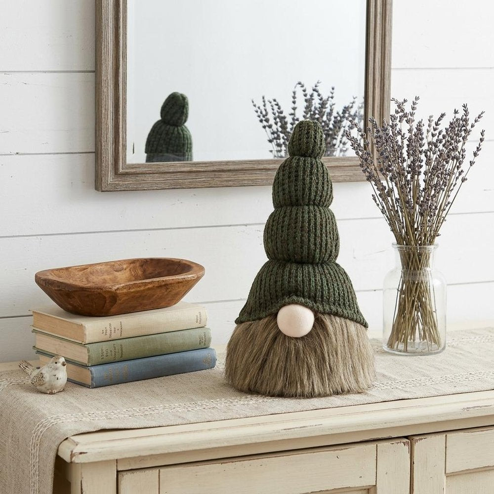 14" Green Chunky Knit Hat Fabric Sitting Gnome Sculpture