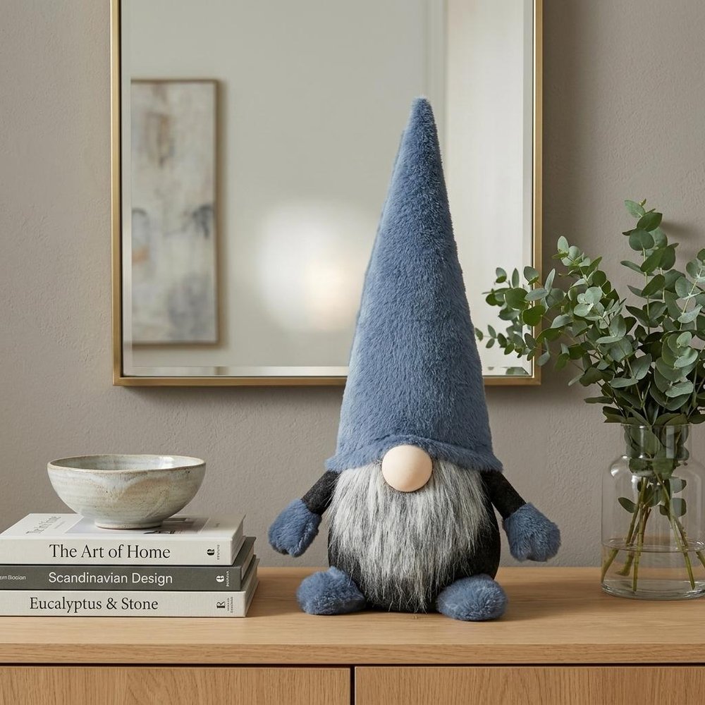 18" Slate Blue And Gray Fabric Standing Gnome Sculpture