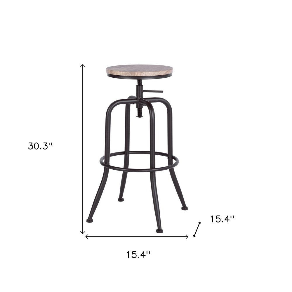 Set of Two Natural And Black Solid Wood And Steel Swivel Backless Counter Height Bar Chairs