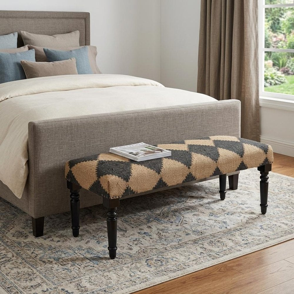 47" Tan And Black Black Leg Checkered Upholstered Bench