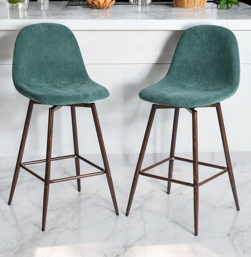 Set of Two 26" Green And Brown Velvet And Steel Counter Height Bar Chairs