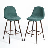 Set of Two 26" Green And Brown Velvet And Steel Counter Height Bar Chairs