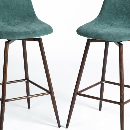 Set of Two 26" Green And Brown Velvet And Steel Counter Height Bar Chairs
