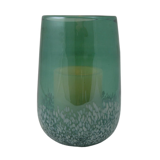 8" Green And White Glass Tabletop Hurricane Candle Holder With Candle