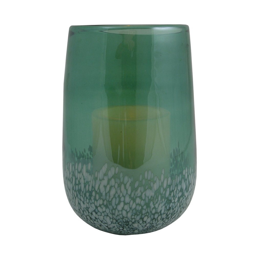 8" Green And White Glass Tabletop Hurricane Candle Holder With Candle
