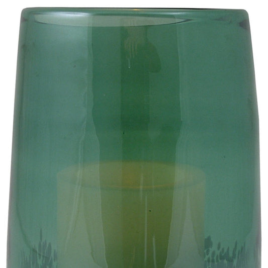 8" Green And White Glass Tabletop Hurricane Candle Holder With Candle