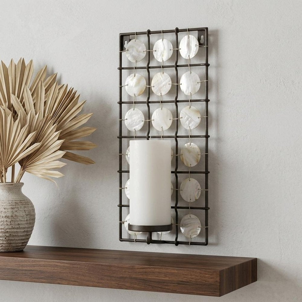 15" Brown And White Geometric Iron Wall Sconce Candle Holder With Candle