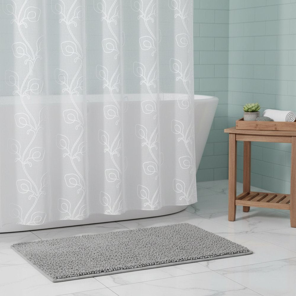 72" White Floral Faux Linen Shower Curtain With Embroidery