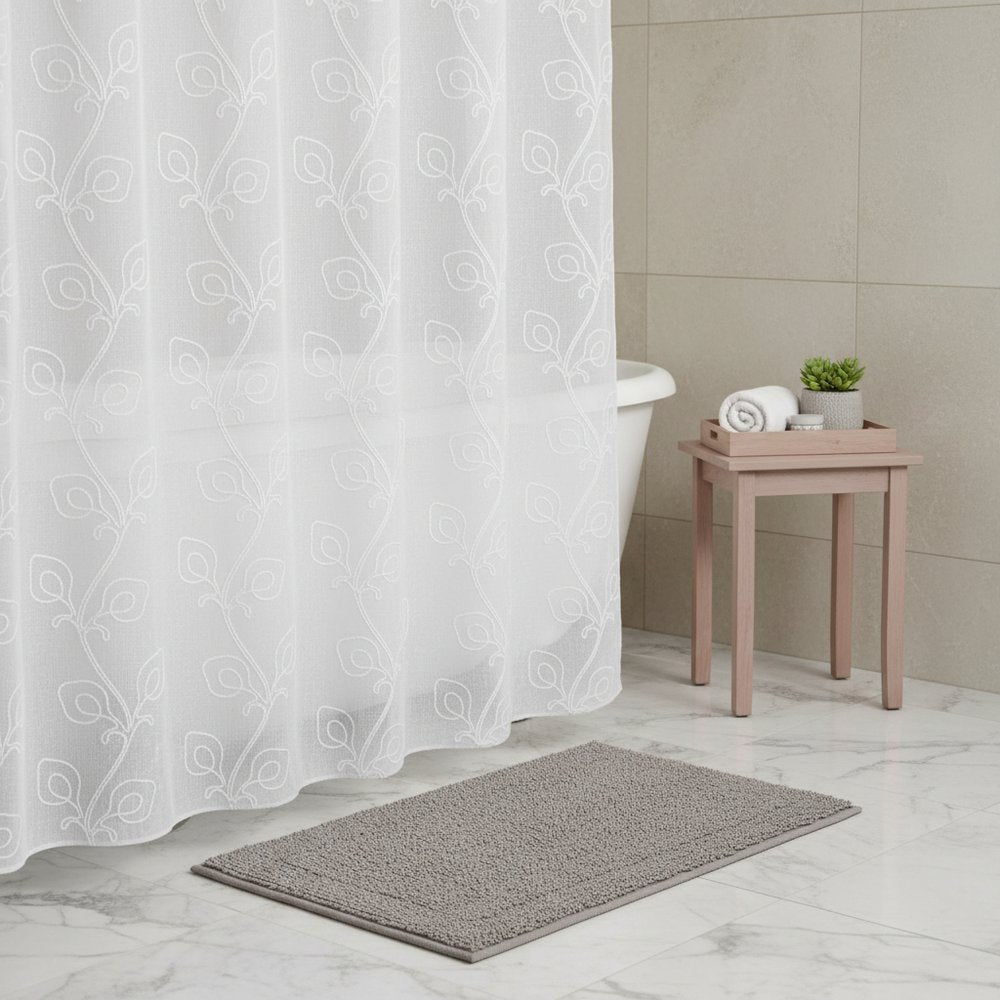 72" White Floral Faux Linen Shower Curtain With Embroidery