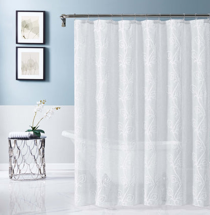 72" White Floral Faux Linen Shower Curtain With Embroidery