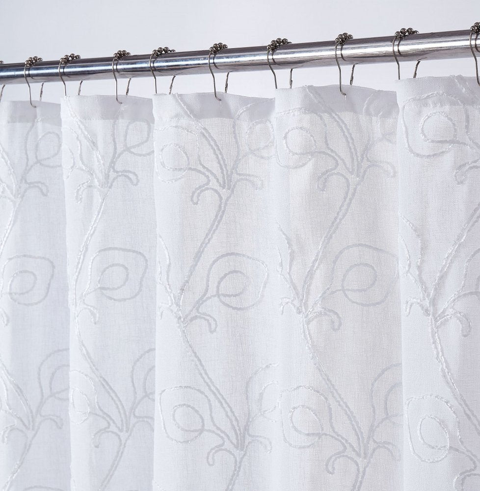 72" White Floral Faux Linen Shower Curtain With Embroidery