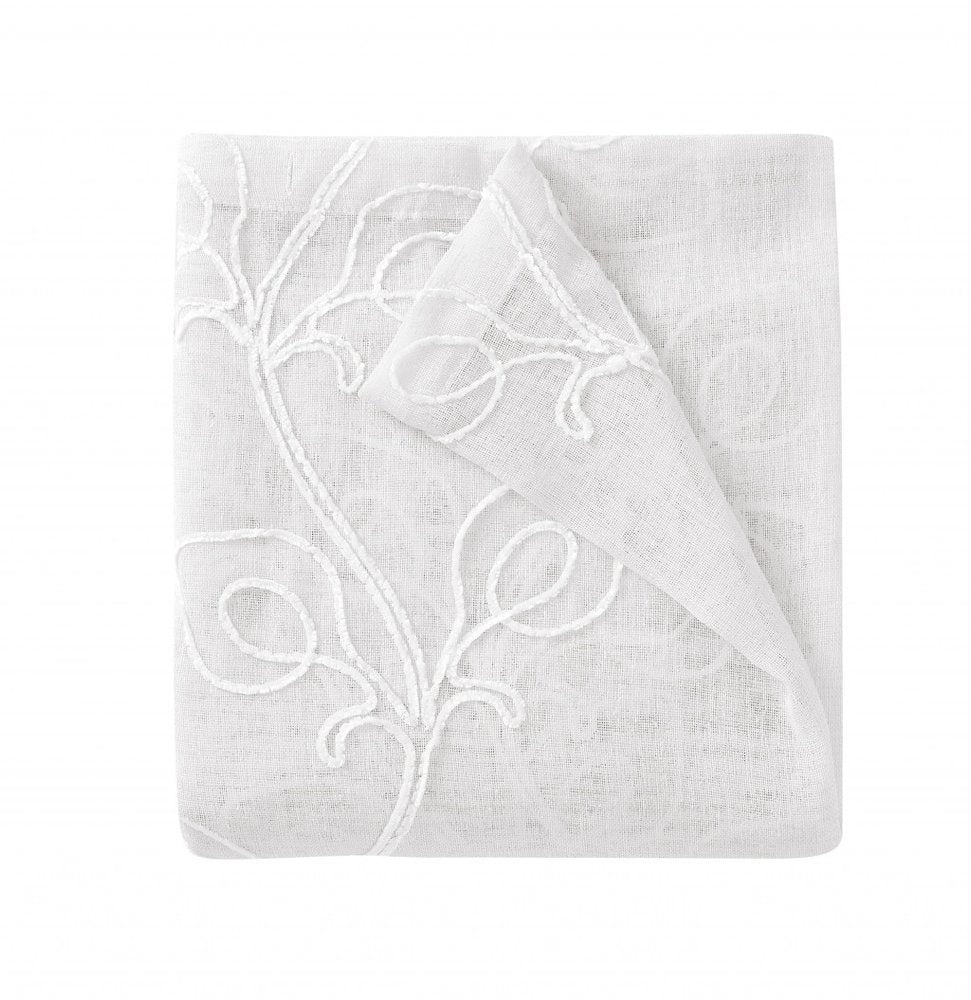 72" White Floral Faux Linen Shower Curtain With Embroidery