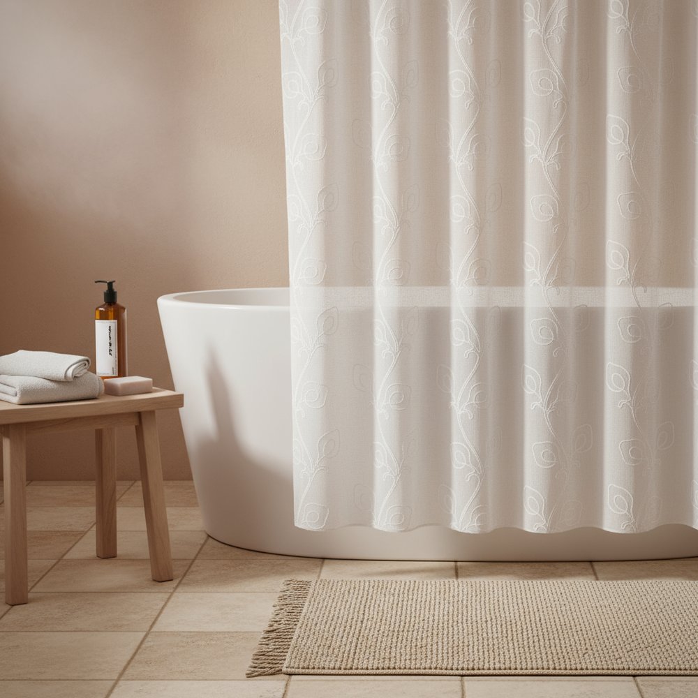 72" White Floral Faux Linen Shower Curtain With Embroidery