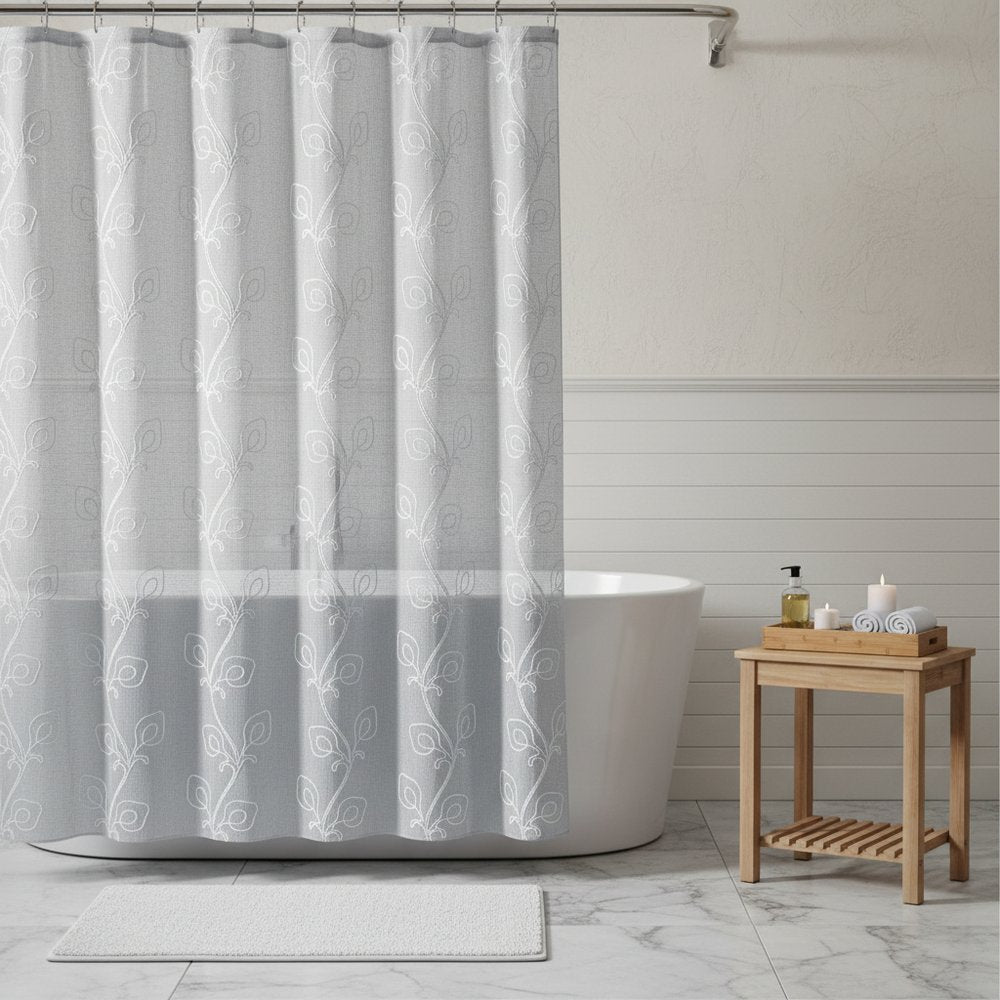 72" Gray Floral Faux Linen Shower Curtain With Embroidery