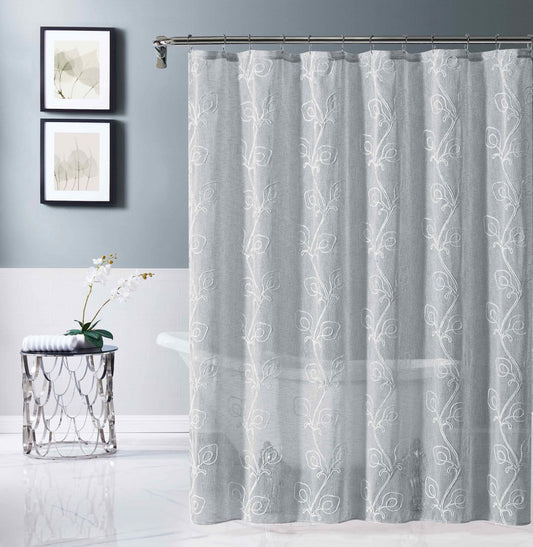 72" Gray Floral Faux Linen Shower Curtain With Embroidery