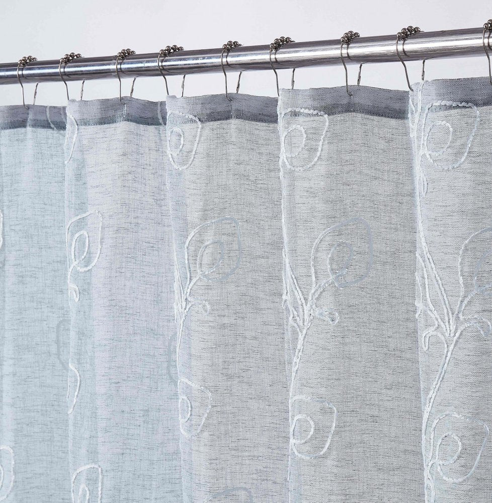 72" Gray Floral Faux Linen Shower Curtain With Embroidery