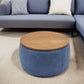 26" Blue and Brown Fabric And Wood Reversible Tray Top Round Storage Ottoman