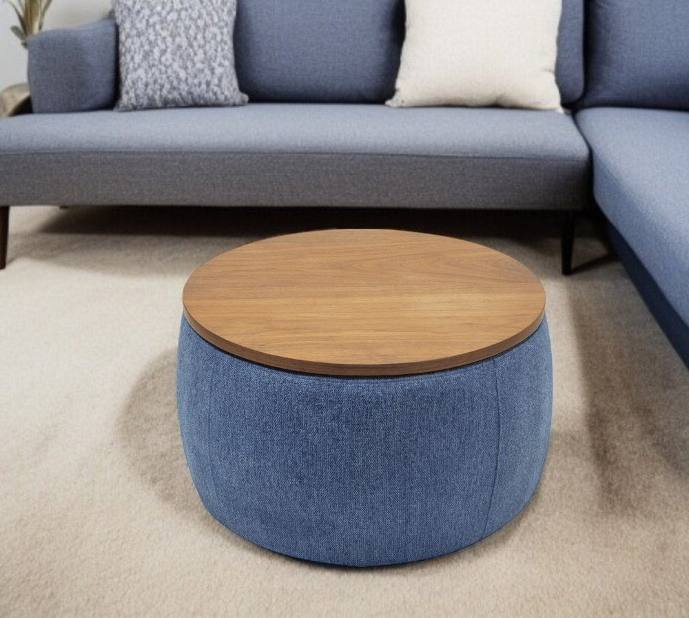 26" Blue and Brown Fabric And Wood Reversible Tray Top Round Storage Ottoman
