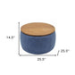 26" Blue and Brown Fabric And Wood Reversible Tray Top Round Storage Ottoman