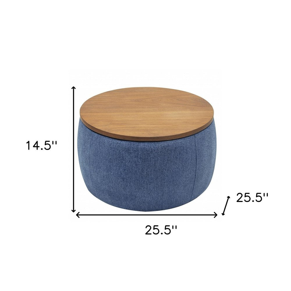 26" Blue and Brown Fabric And Wood Reversible Tray Top Round Storage Ottoman