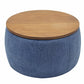 26" Blue and Brown Fabric And Wood Reversible Tray Top Round Storage Ottoman