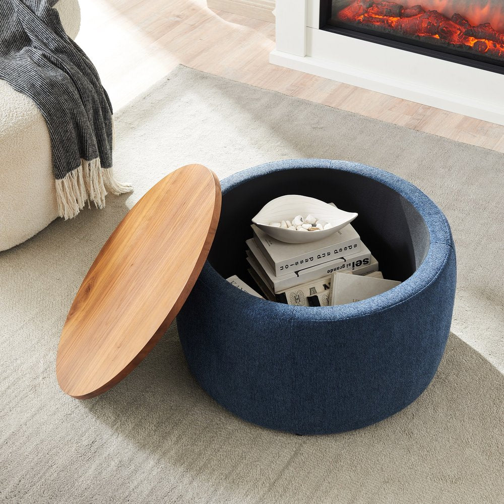 26" Blue and Brown Fabric And Wood Reversible Tray Top Round Storage Ottoman