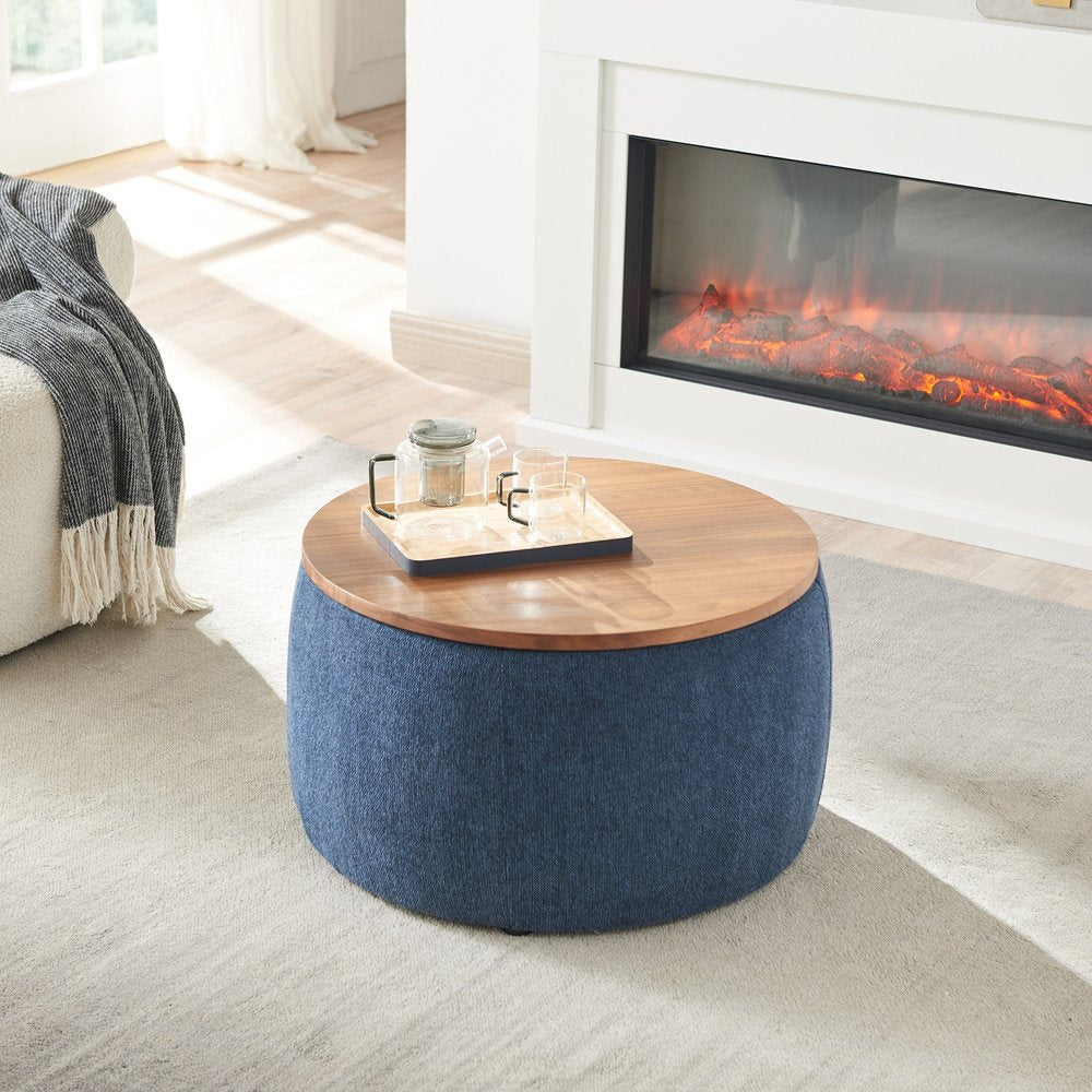 26" Blue and Brown Fabric And Wood Reversible Tray Top Round Storage Ottoman