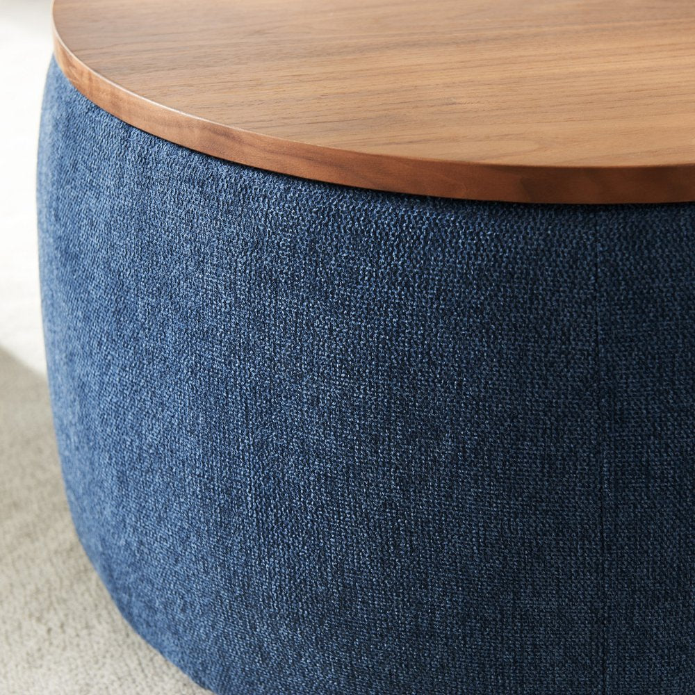 26" Blue and Brown Fabric And Wood Reversible Tray Top Round Storage Ottoman