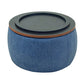 26" Blue and Brown Fabric And Wood Reversible Tray Top Round Storage Ottoman