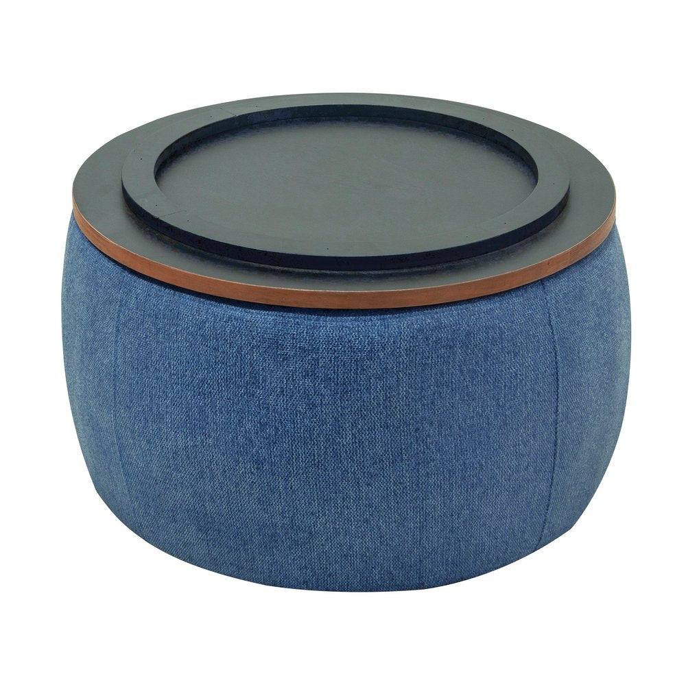 26" Blue and Brown Fabric And Wood Reversible Tray Top Round Storage Ottoman