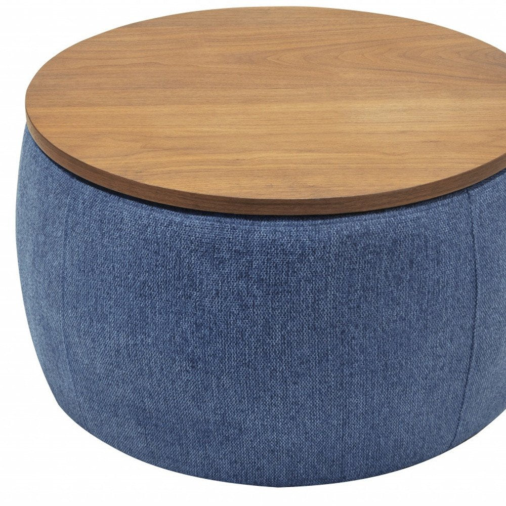 26" Blue and Brown Fabric And Wood Reversible Tray Top Round Storage Ottoman