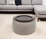 26" Gray and Natural Fabric And Wood Reversible Tray Top Round Storage Ottoman