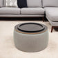 26" Gray and Natural Fabric And Wood Reversible Tray Top Round Storage Ottoman