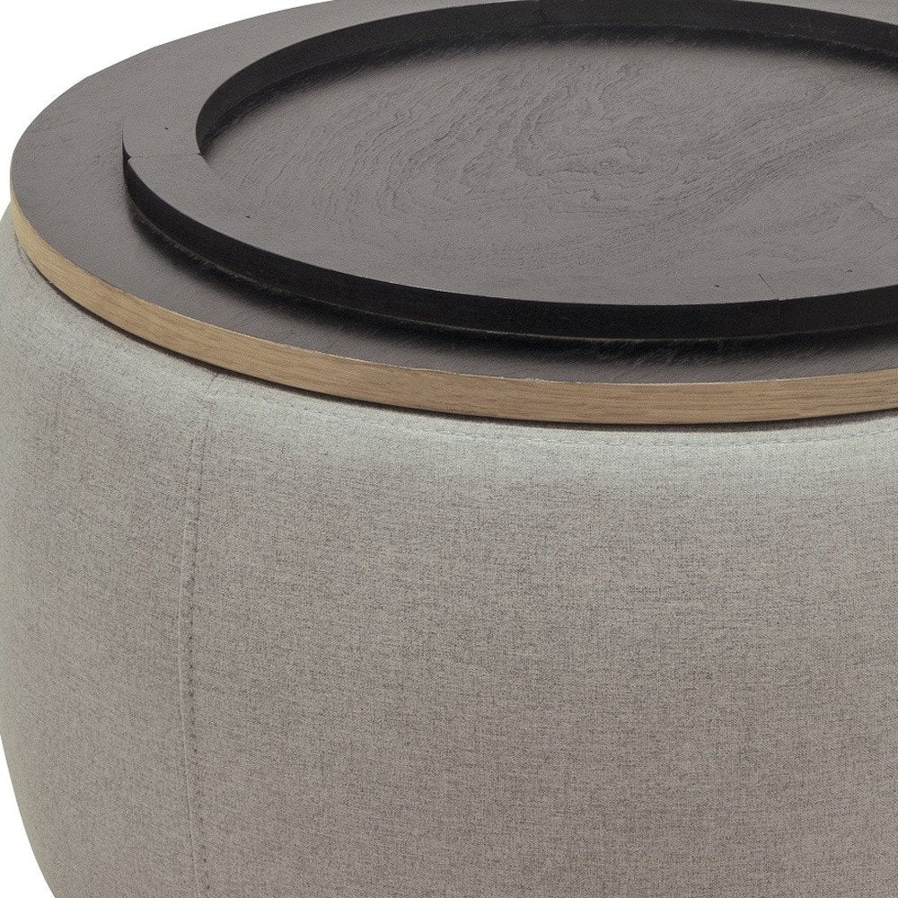 26" Gray and Natural Fabric And Wood Reversible Tray Top Round Storage Ottoman
