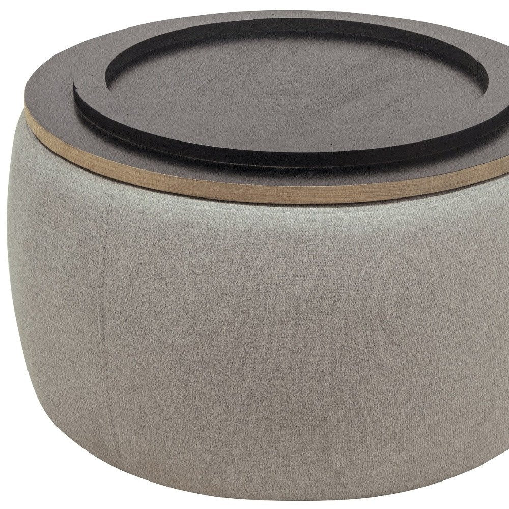 26" Gray and Natural Fabric And Wood Reversible Tray Top Round Storage Ottoman