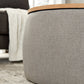 26" Gray and Natural Fabric And Wood Reversible Tray Top Round Storage Ottoman