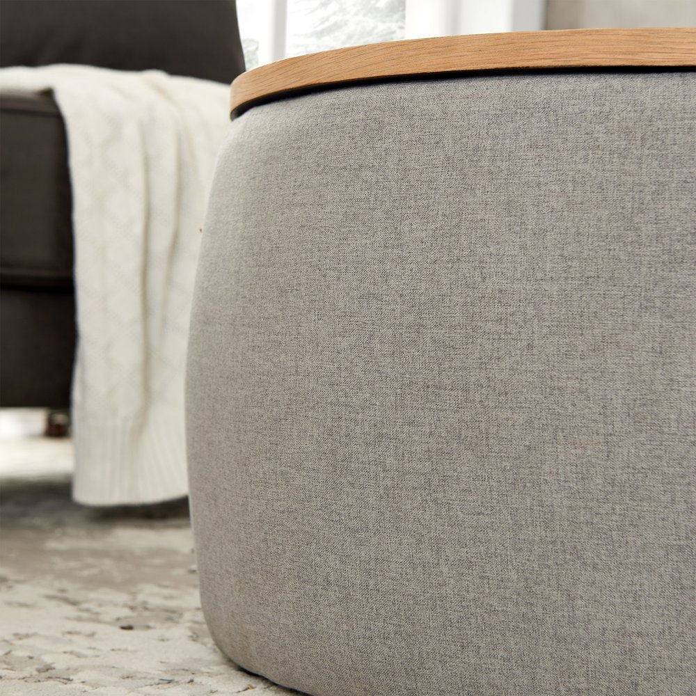 26" Gray and Natural Fabric And Wood Reversible Tray Top Round Storage Ottoman